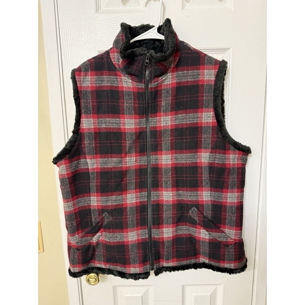 Woolrich Buffalo Plaid Wool Vest Women XL Faux Fur Lined Full Zip Jacket Red